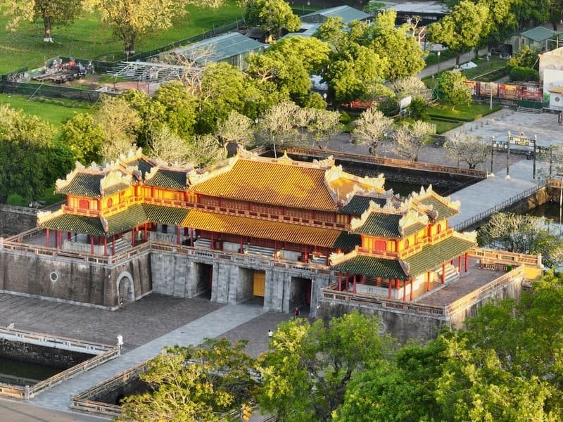 An aerial view of an ornate gate in Huế